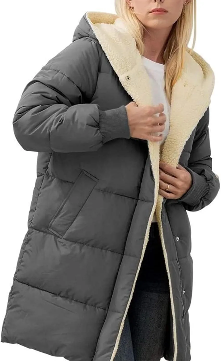 Women Reversible Jackets with Hood Oversized Shearling Fleece Long Coats with Pocket sWinter Casual Fashion Clothes