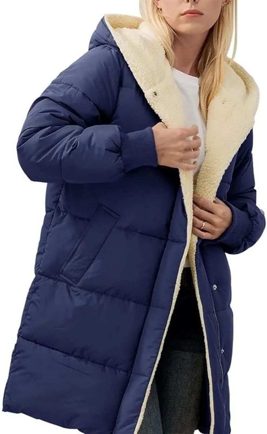 Women Reversible Jackets with Hood Oversized Shearling Fleece Long Coats with Pocket sWinter Casual Fashion Clothes