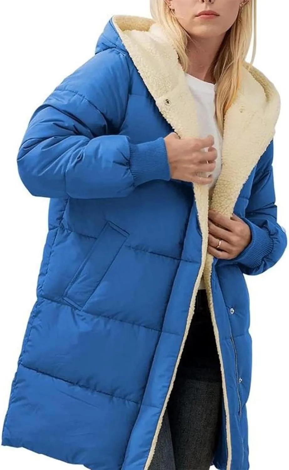 Women Reversible Jackets with Hood Oversized Shearling Fleece Long Coats with Pocket sWinter Casual Fashion Clothes