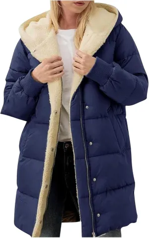 Women Reversible Jackets with Hood Oversized Shearling Fleece Long Coats with Pocket sWinter Casual Fashion Clothes