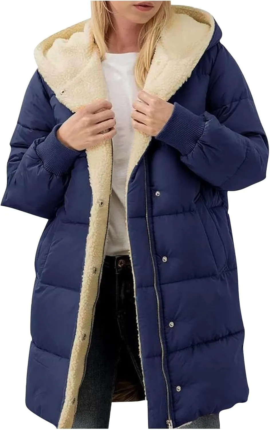 Women Reversible Jackets with Hood Oversized Shearling Fleece Long Coats with Pocket sWinter Casual Fashion Clothes