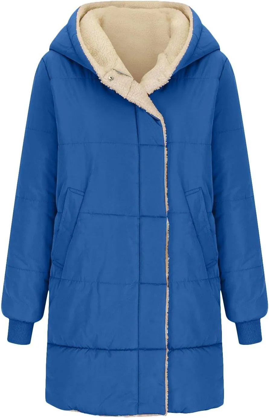Women Reversible Jackets with Hood Oversized Shearling Fleece Long Coats with Pocket sWinter Casual Fashion Clothes