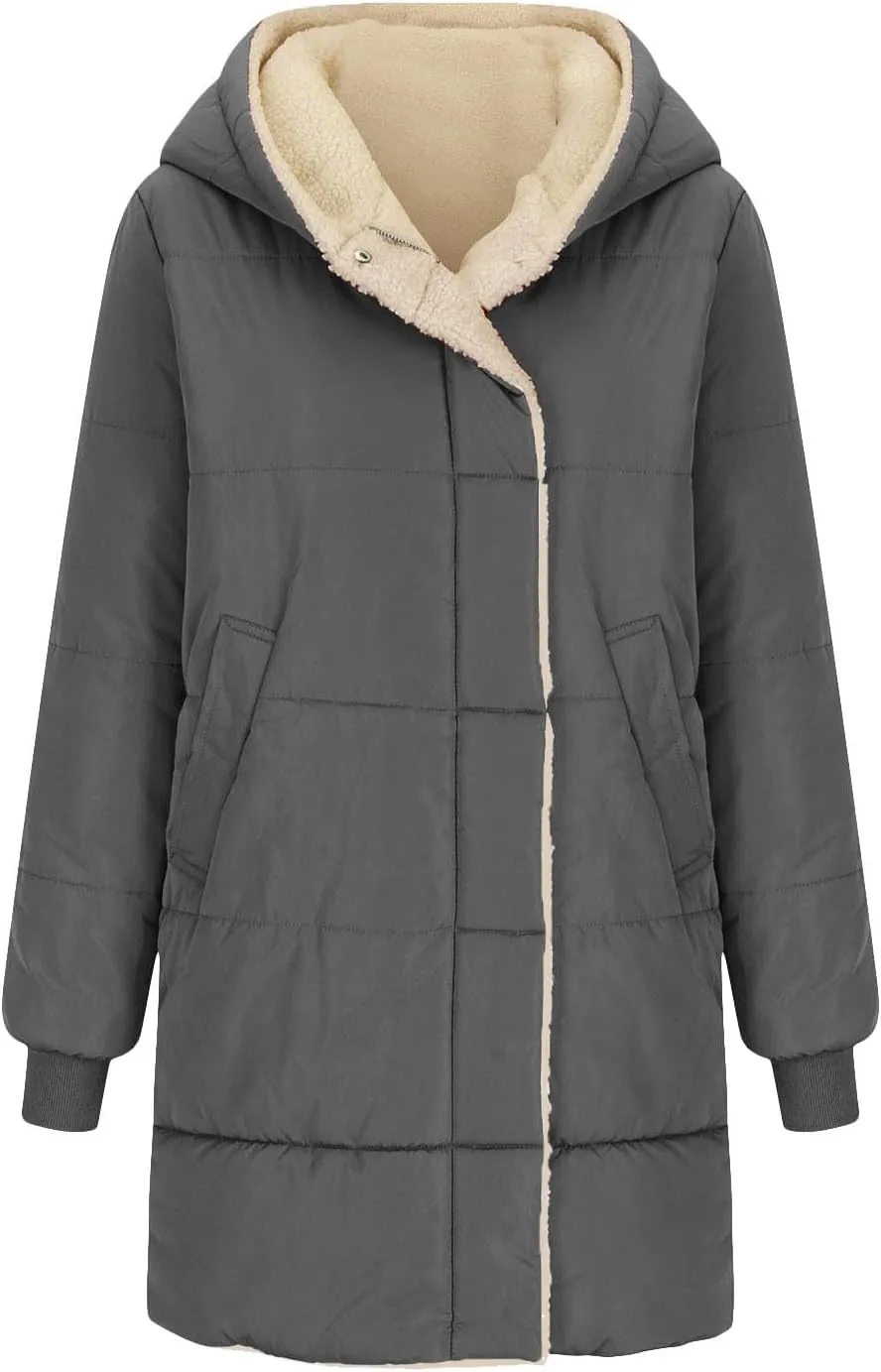 Women Reversible Jackets with Hood Oversized Shearling Fleece Long Coats with Pocket sWinter Casual Fashion Clothes