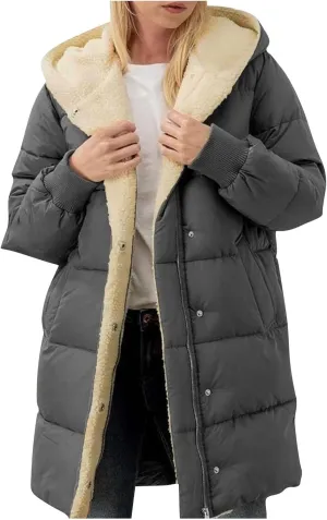 Women Reversible Jackets with Hood Oversized Shearling Fleece Long Coats with Pocket sWinter Casual Fashion Clothes