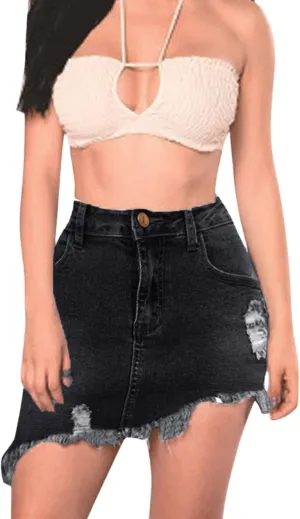 Women Ripped Jean Skirt Slit High Waisted Button Up Summer Trendy Casual Stretch Frayed Denim Midi Skirt with Pockets