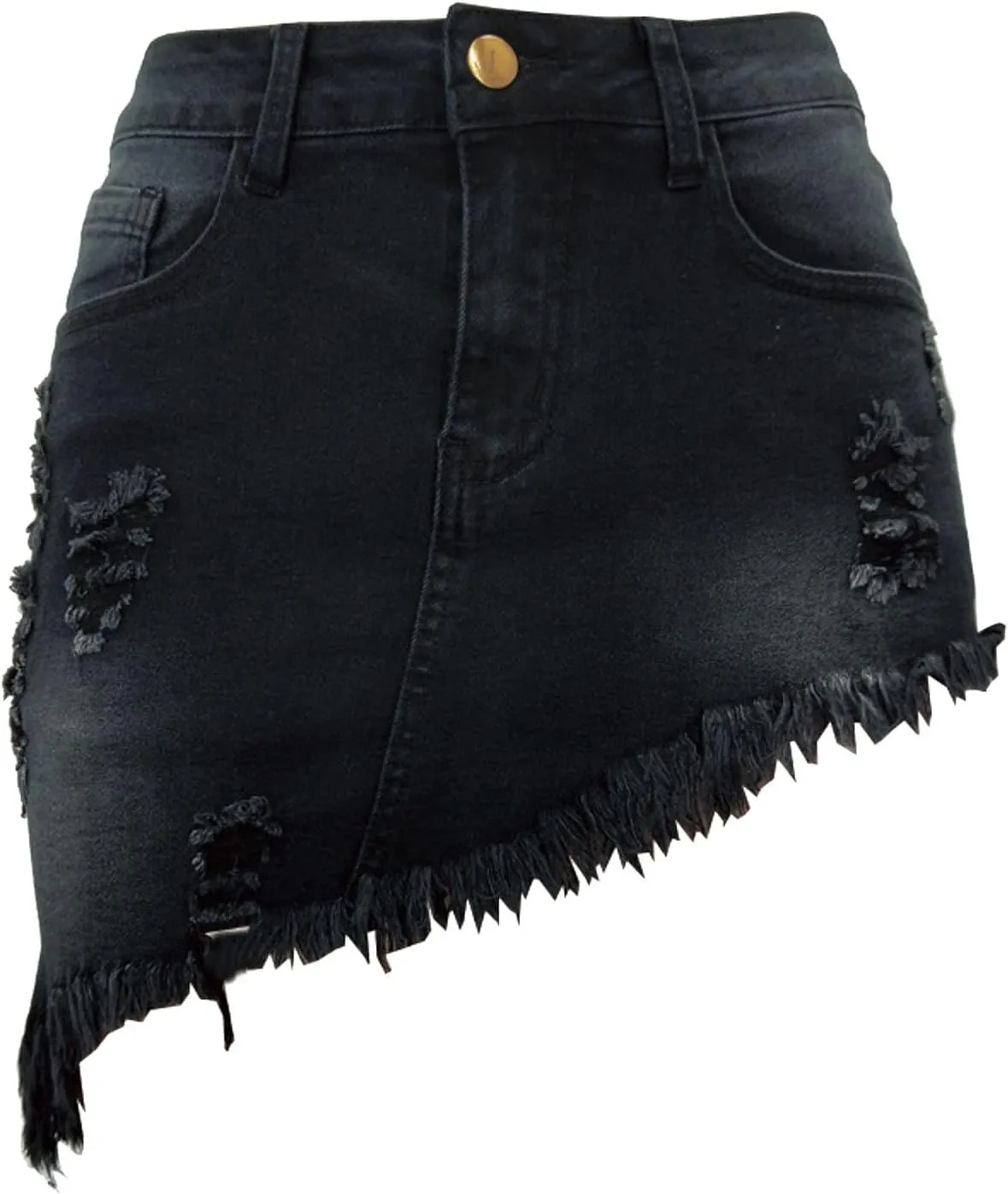 Women Ripped Jean Skirt Slit High Waisted Button Up Summer Trendy Casual Stretch Frayed Denim Midi Skirt with Pockets