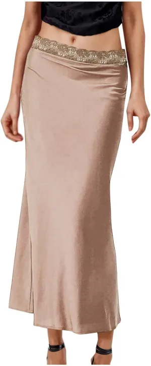 Women Satin Silk Skirt Solid Color Fashion Elegant Lace Trim Flared Skirts Summer Casual Flowy Ruched Bodycon Skirt