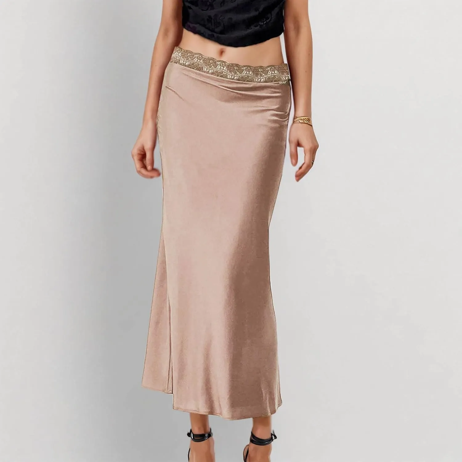 Women Satin Silk Skirt Solid Color Fashion Elegant Lace Trim Flared Skirts Summer Casual Flowy Ruched Bodycon Skirt