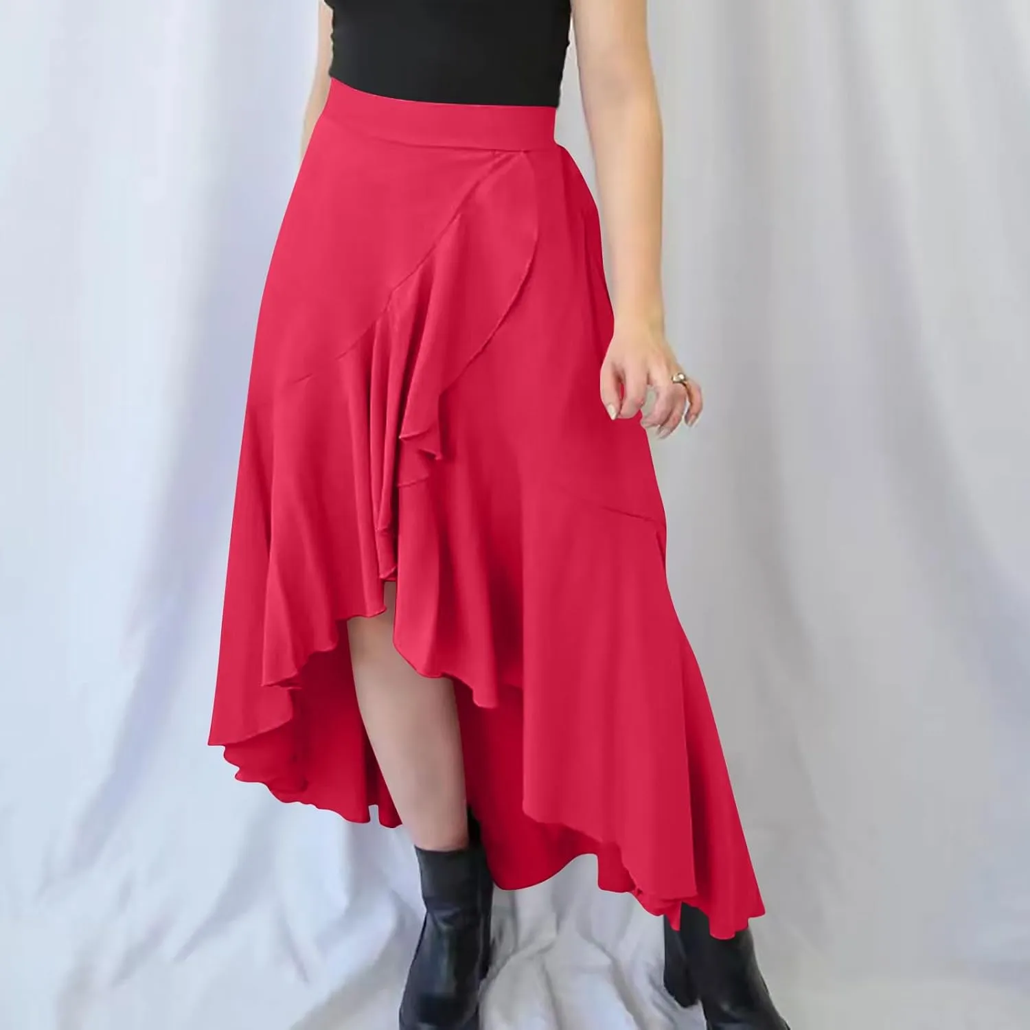 Women Slit Ruffle Skirts High Waist Low Half Dress Solid Dressy Casual Midi Length Boho Skirt Vacation Outfits