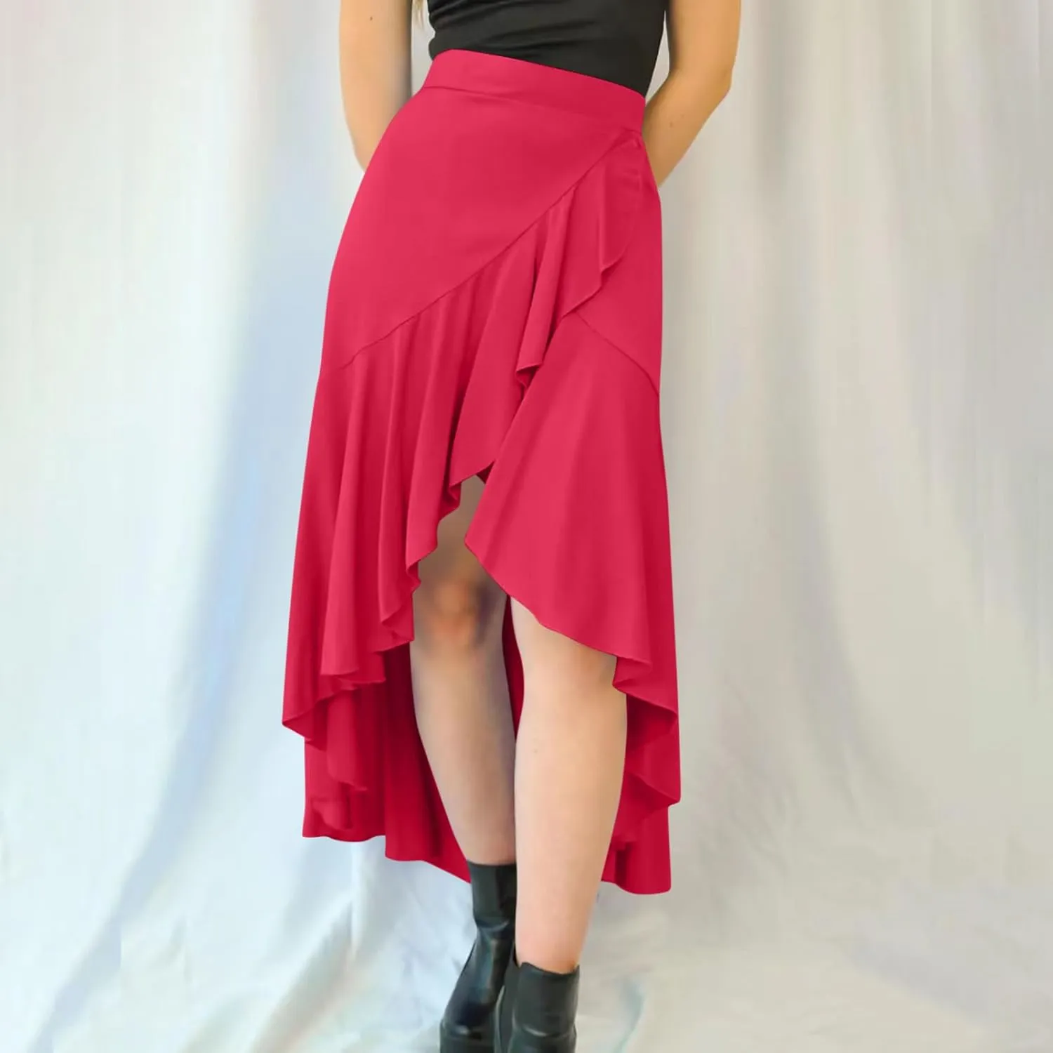 Women Slit Ruffle Skirts High Waist Low Half Dress Solid Dressy Casual Midi Length Boho Skirt Vacation Outfits
