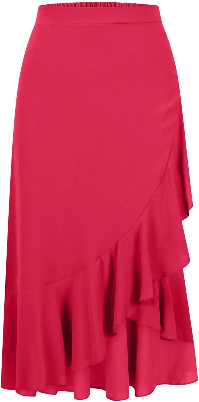 Women Slit Ruffle Skirts High Waist Low Half Dress Solid Dressy Casual Midi Length Boho Skirt Vacation Outfits