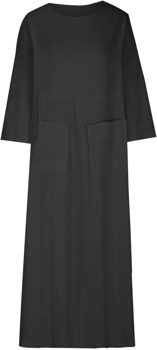 Women Solid Long Sleeve Cotton Linen Dresses Teacher Church Modest Business Casual Work Outfits Loose Shift TunicDress