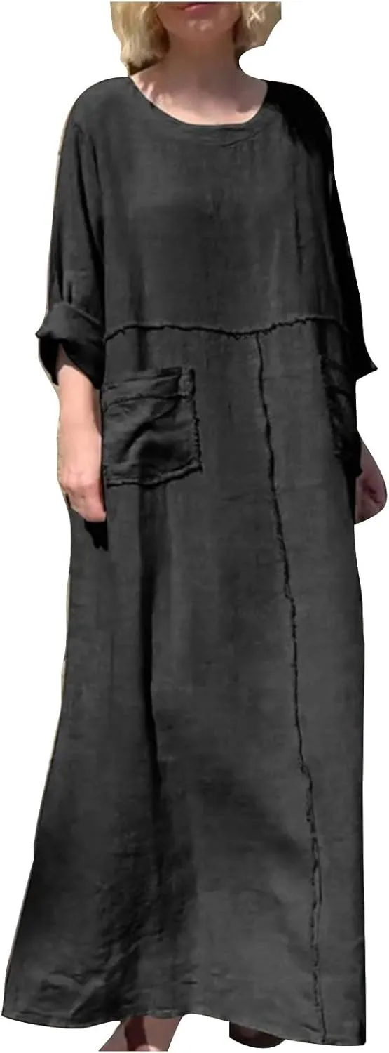 Women Solid Long Sleeve Cotton Linen Dresses Teacher Church Modest Business Casual Work Outfits Loose Shift TunicDress