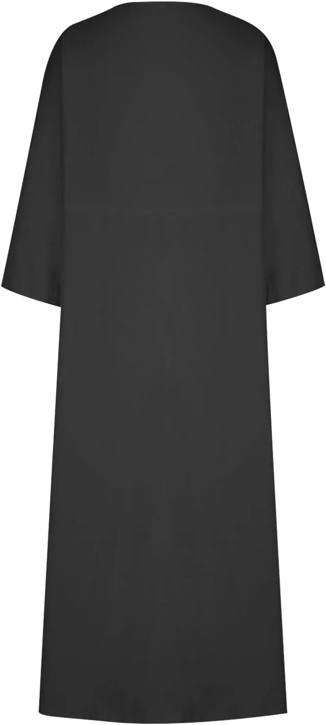 Women Solid Long Sleeve Cotton Linen Dresses Teacher Church Modest Business Casual Work Outfits Loose Shift TunicDress