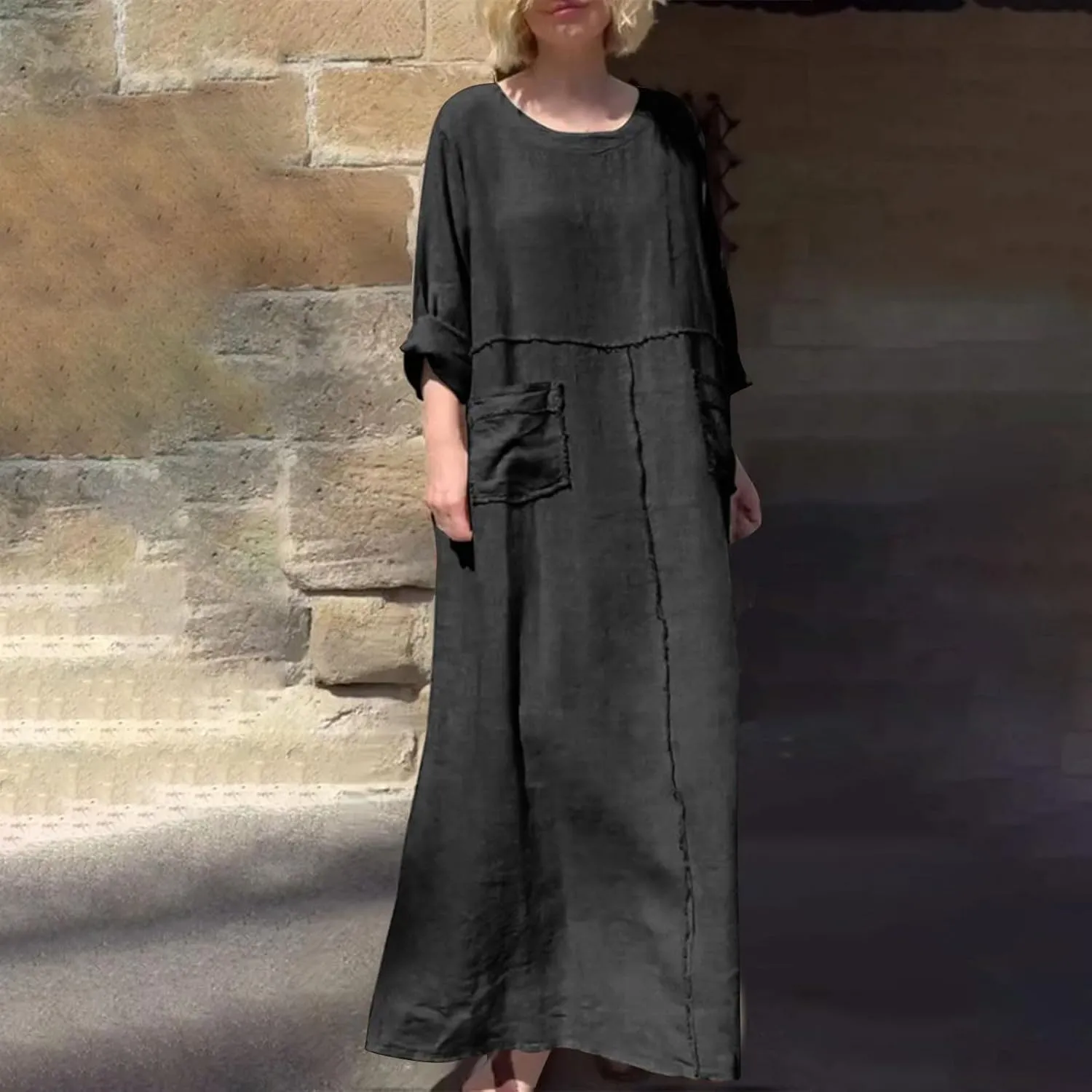 Women Solid Long Sleeve Cotton Linen Dresses Teacher Church Modest Business Casual Work Outfits Loose Shift TunicDress
