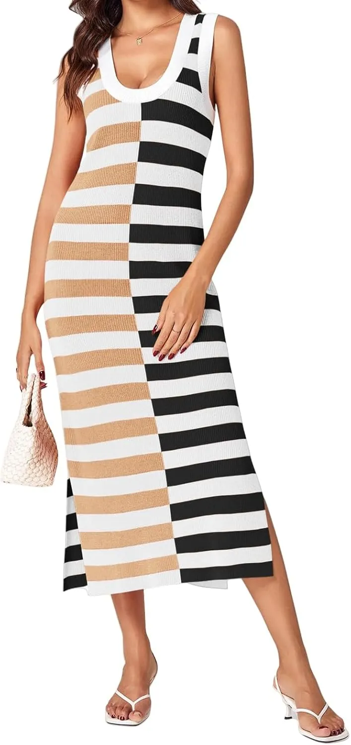 Women Striped Knit Tank Dress Casual Scoop Neck Sleeveless Split Ribbed Maxi Dresses Color Block Long Dress