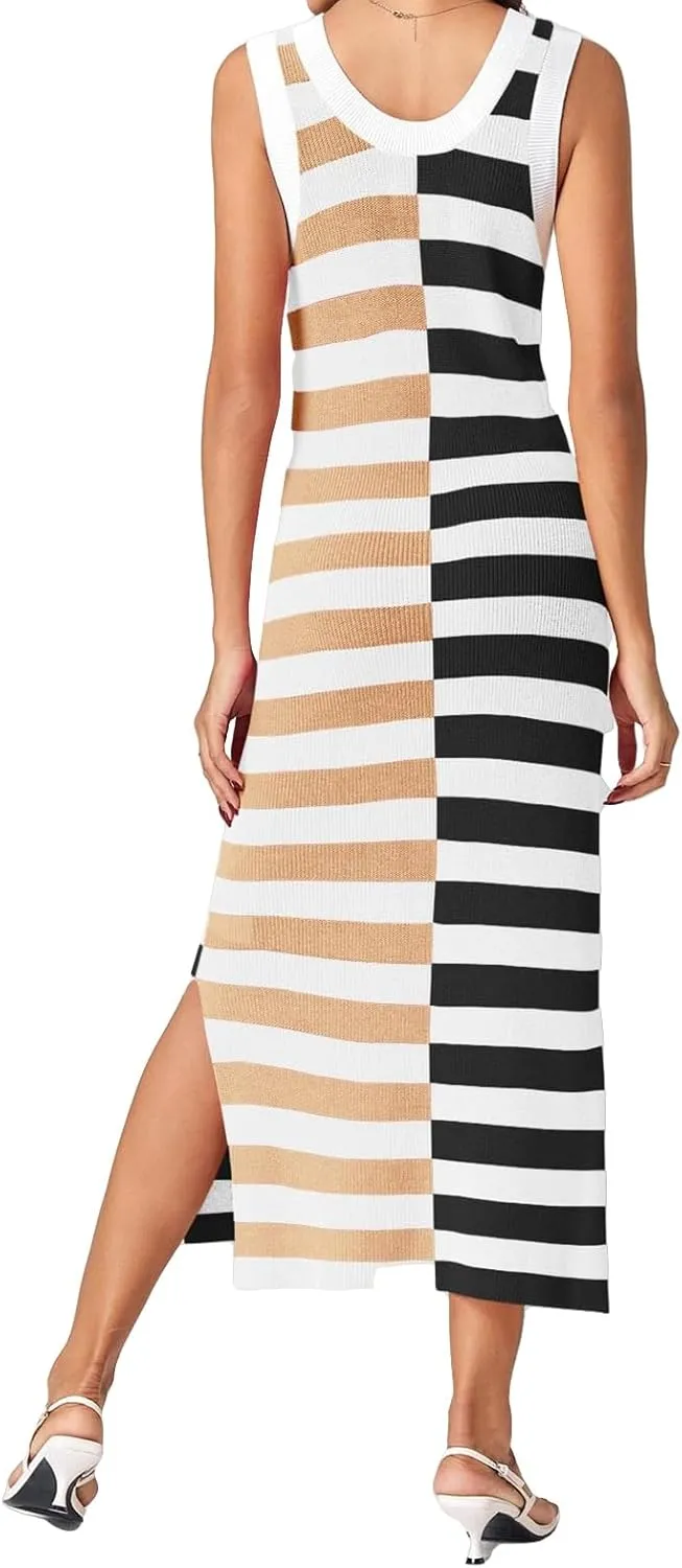 Women Striped Knit Tank Dress Casual Scoop Neck Sleeveless Split Ribbed Maxi Dresses Color Block Long Dress