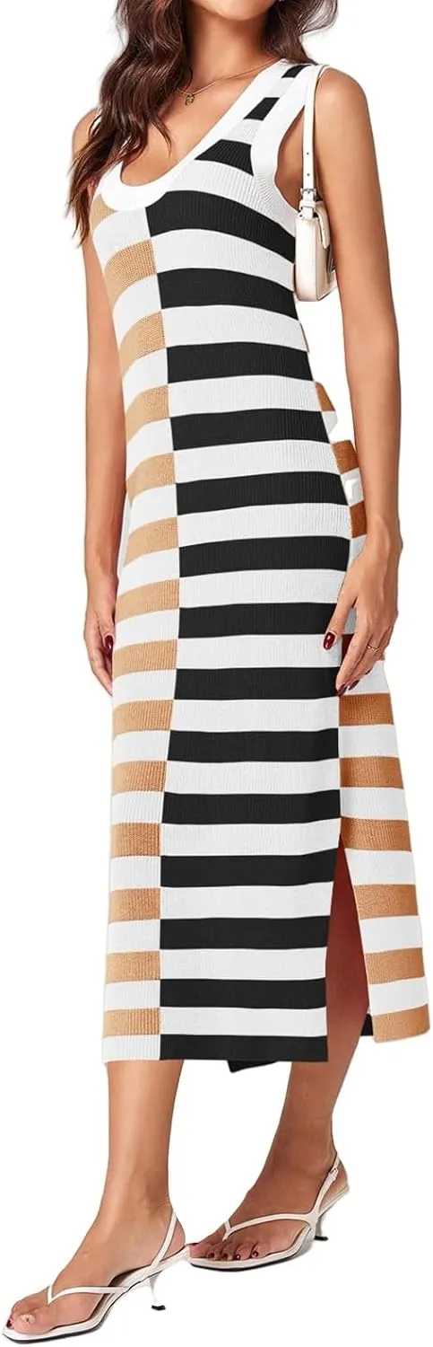 Women Striped Knit Tank Dress Casual Scoop Neck Sleeveless Split Ribbed Maxi Dresses Color Block Long Dress