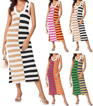 Women Striped Knit Tank Dress Casual Scoop Neck Sleeveless Split Ribbed Maxi Dresses Color Block Long Dress