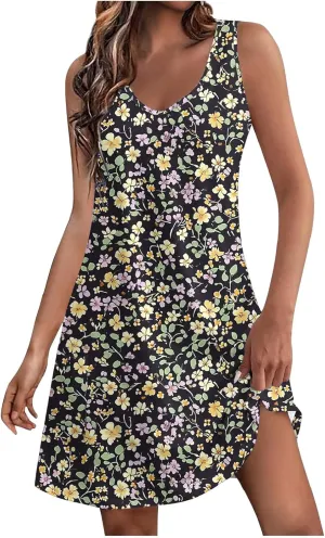 Women Summer Dresses 2025 Floral Printed Sleeveless Casual Short Dress Loose Fit Flowy Sundresses