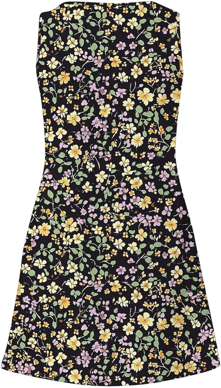 Women Summer Dresses 2025 Floral Printed Sleeveless Casual Short Dress Loose Fit Flowy Sundresses