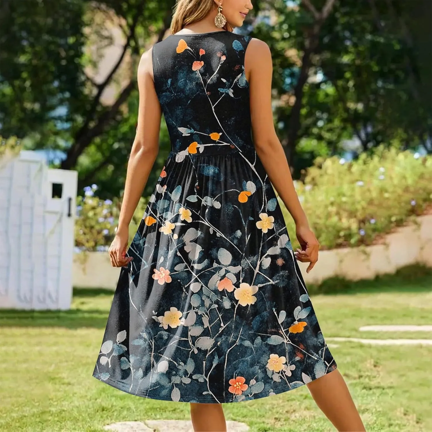 Women Summer Dresses Crewneck Sleeveless A-Line Tank Midi Dress Dressy Boho Floral Print Beach Sundresses with Pockets
