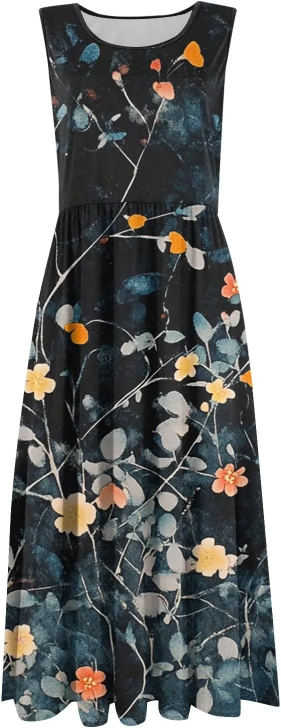 Women Summer Dresses Crewneck Sleeveless A-Line Tank Midi Dress Dressy Boho Floral Print Beach Sundresses with Pockets