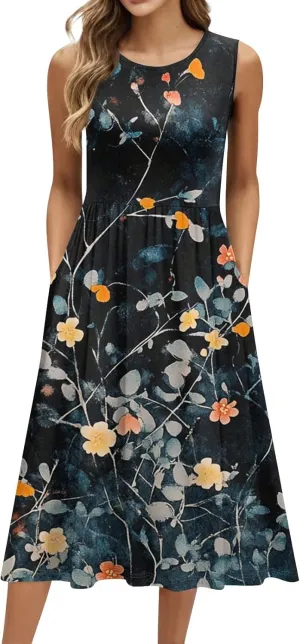 Women Summer Dresses Crewneck Sleeveless A-Line Tank Midi Dress Dressy Boho Floral Print Beach Sundresses with Pockets