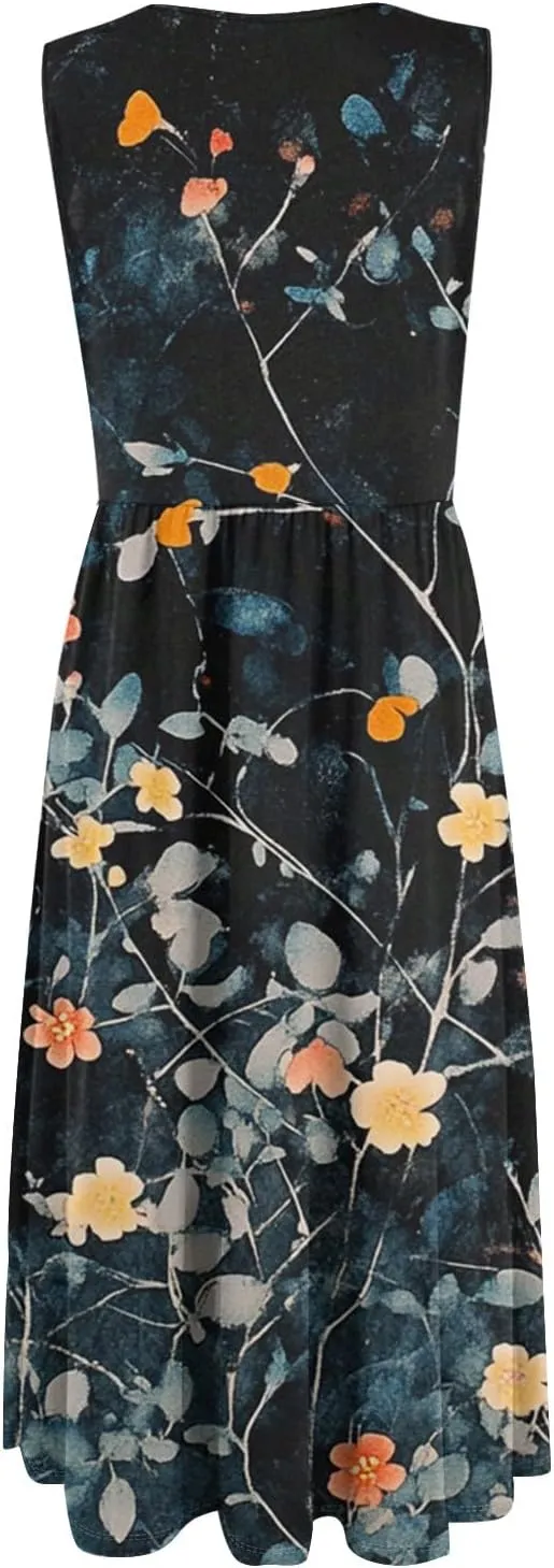 Women Summer Dresses Crewneck Sleeveless A-Line Tank Midi Dress Dressy Boho Floral Print Beach Sundresses with Pockets