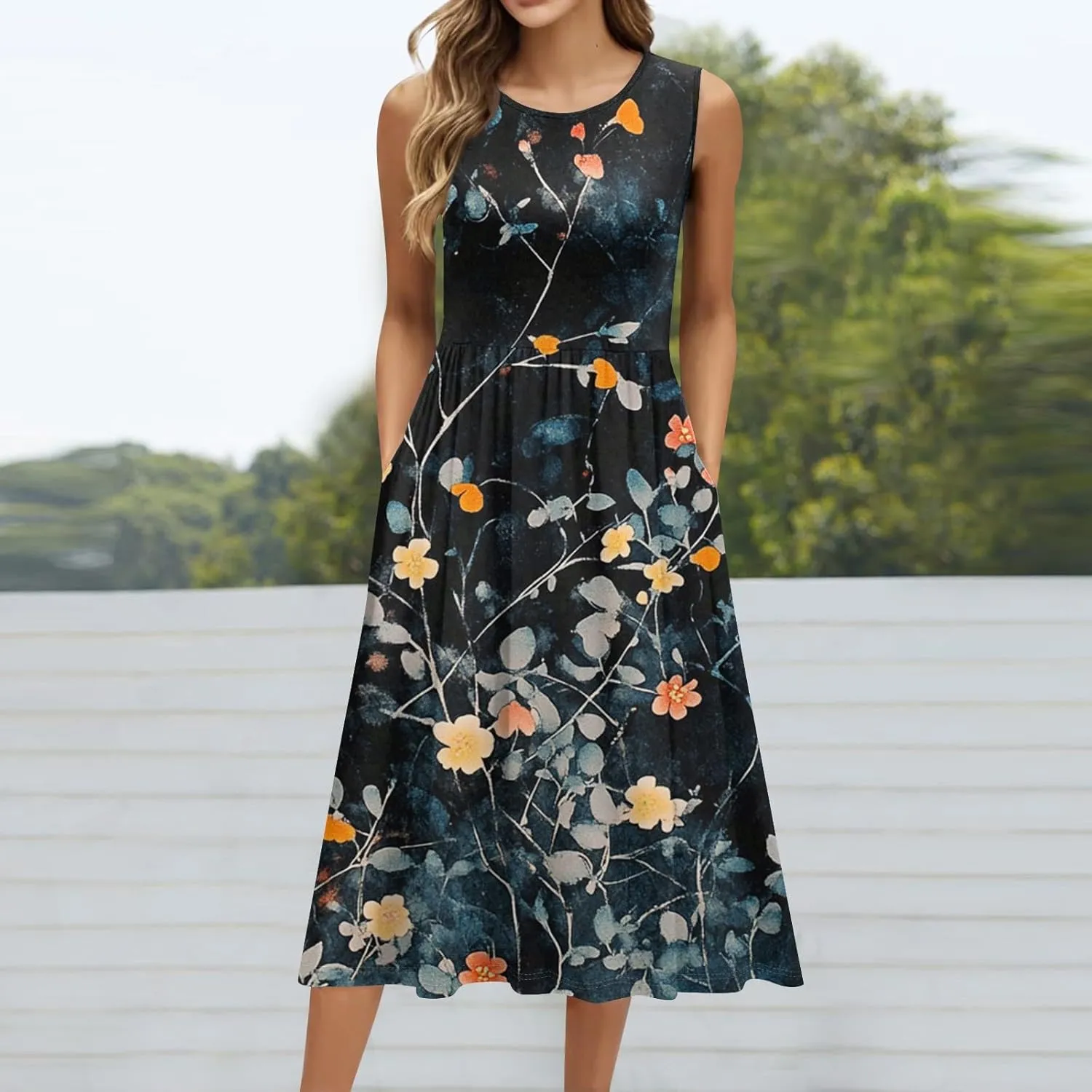 Women Summer Dresses Crewneck Sleeveless A-Line Tank Midi Dress Dressy Boho Floral Print Beach Sundresses with Pockets