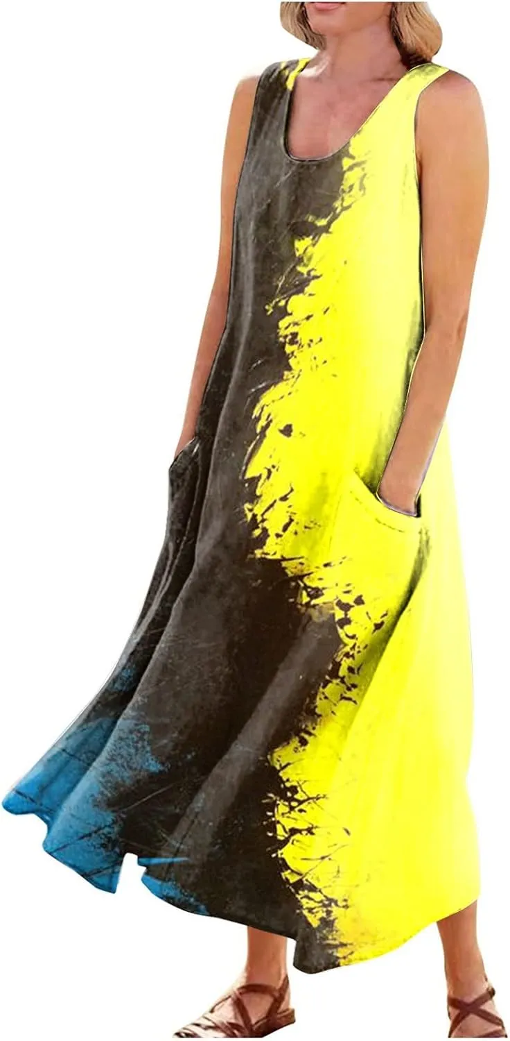 Women Summer Linen Dress 2024 Casual Tank Dress Flowy Sleeveless Long Dress Printed Maxi Dresses with Pockets