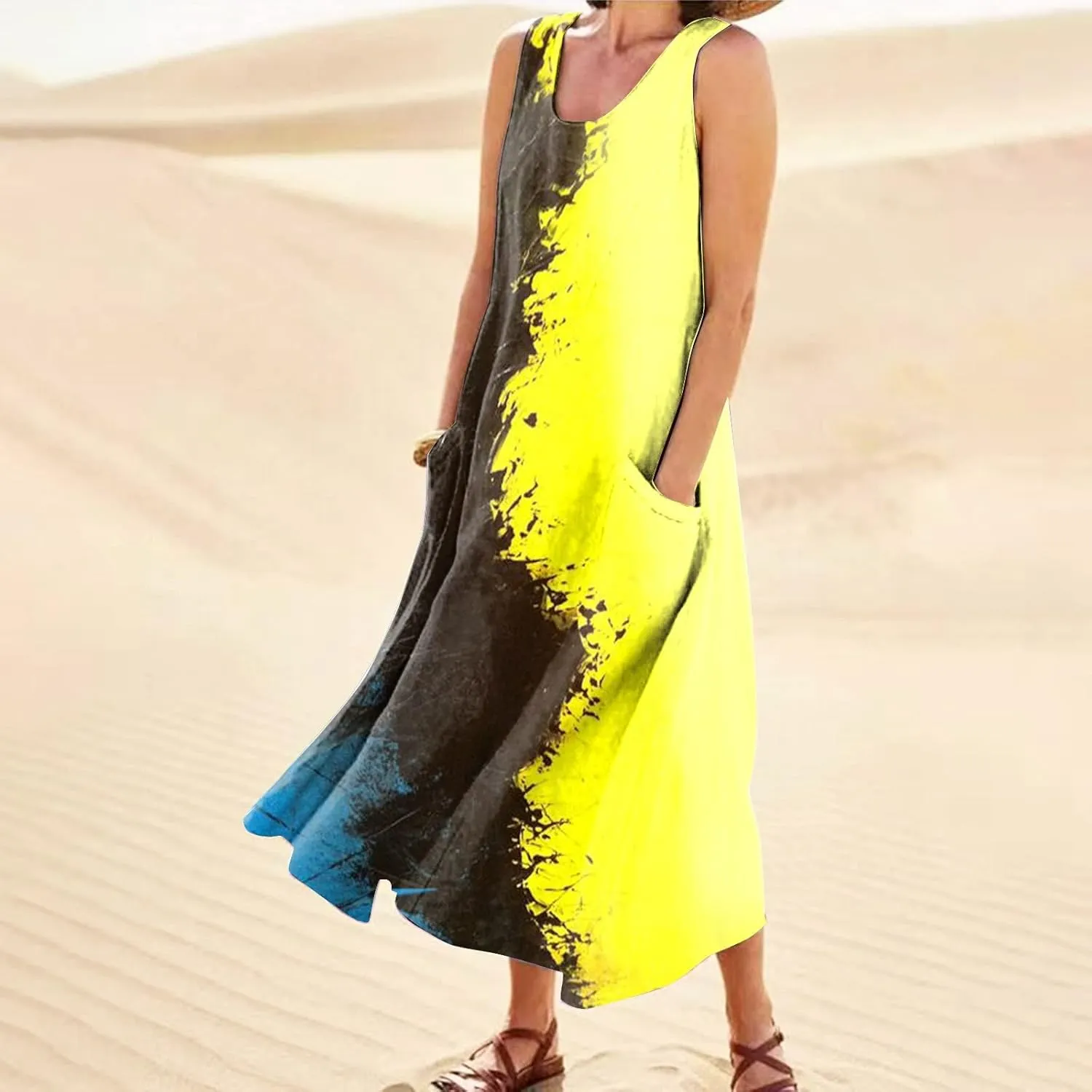 Women Summer Linen Dress 2024 Casual Tank Dress Flowy Sleeveless Long Dress Printed Maxi Dresses with Pockets