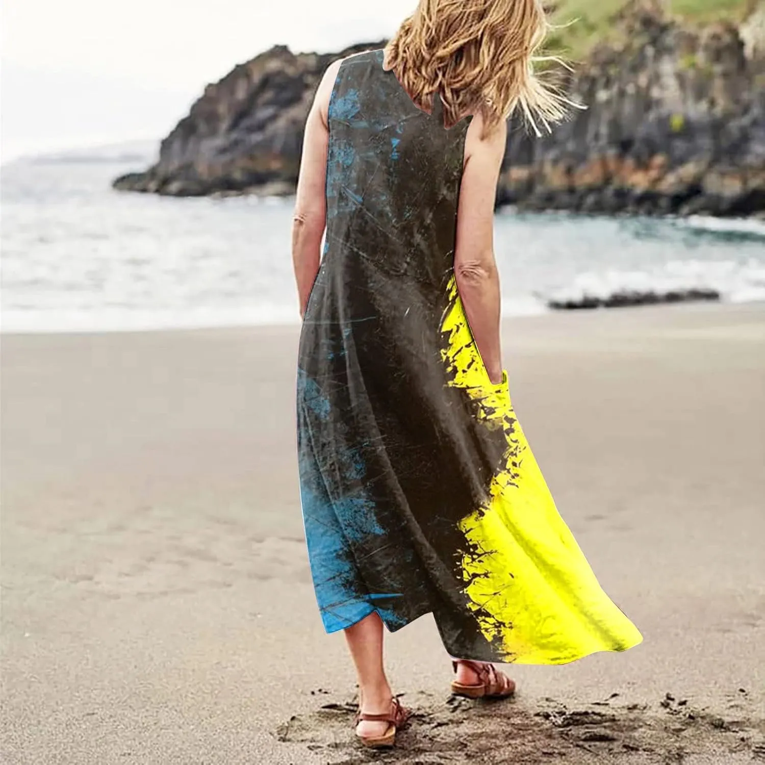 Women Summer Linen Dress 2024 Casual Tank Dress Flowy Sleeveless Long Dress Printed Maxi Dresses with Pockets