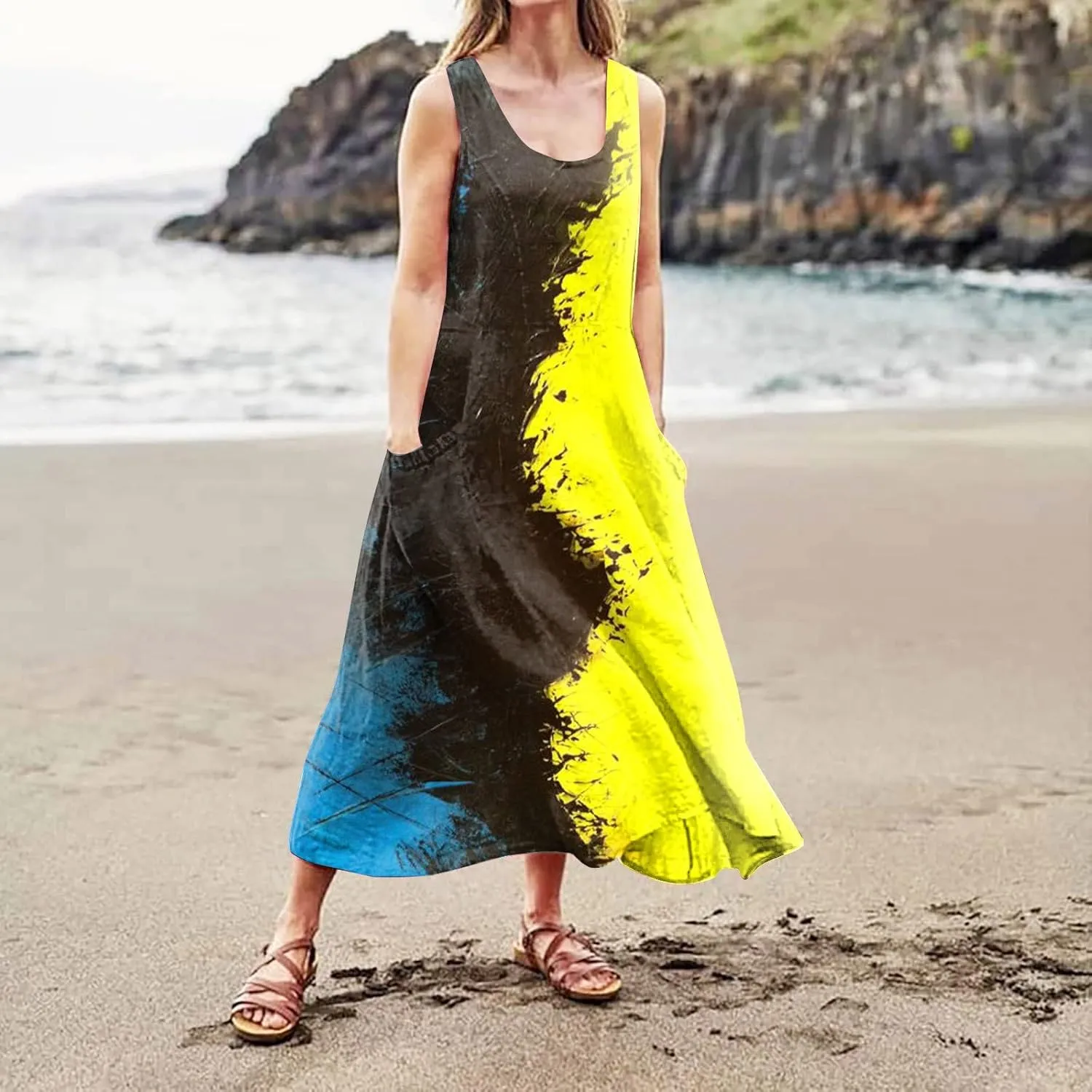 Women Summer Linen Dress 2024 Casual Tank Dress Flowy Sleeveless Long Dress Printed Maxi Dresses with Pockets