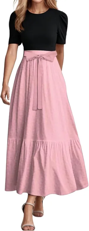 Women Summer Maxi Dresses Short Sleeve Flowy Patchwork Sun Dresses A Line Casual Trendy Beach Long Dress with Belt