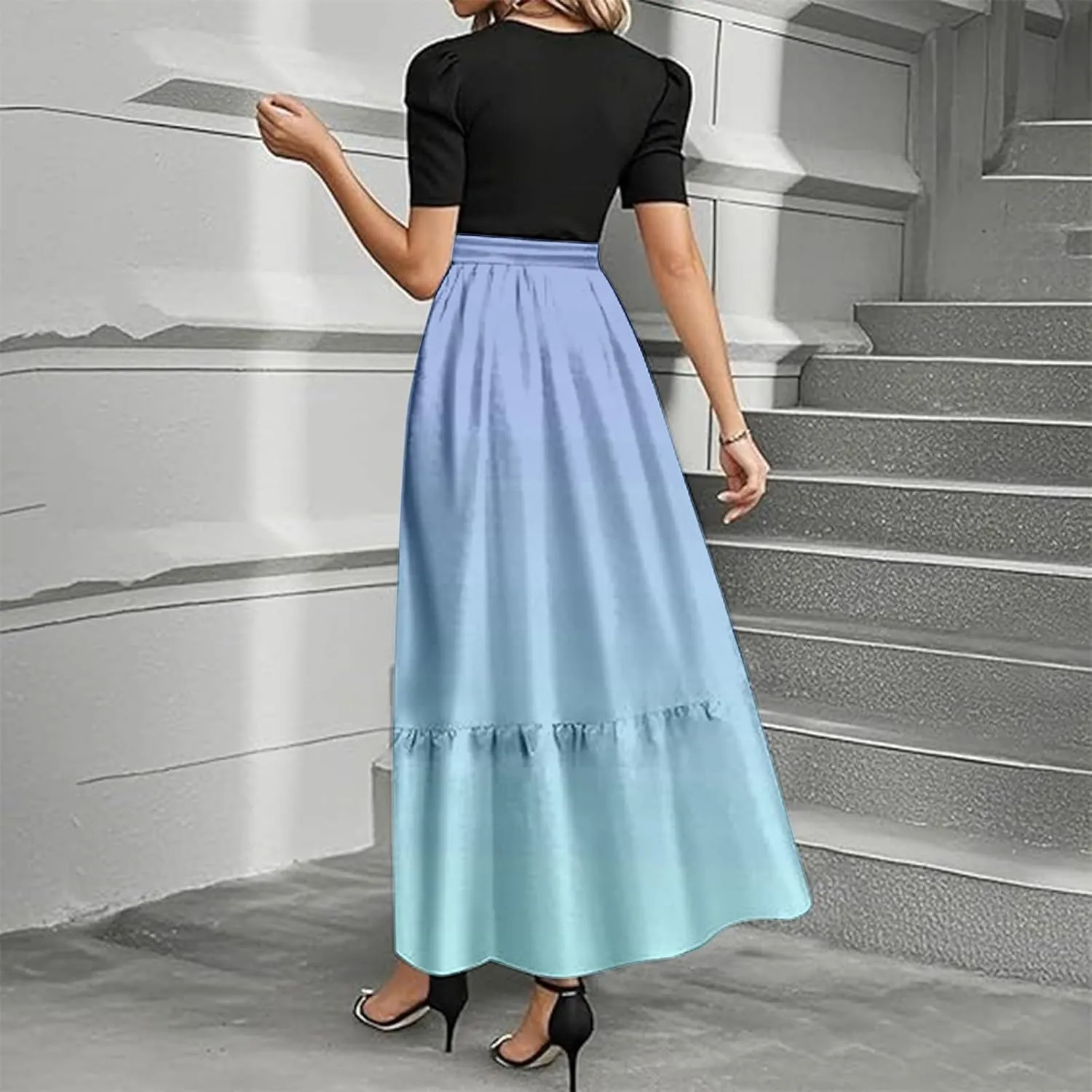 Women Summer Maxi Dresses Short Sleeve Flowy Patchwork Sun Dresses A Line Casual Trendy Beach Long Dress with Belt