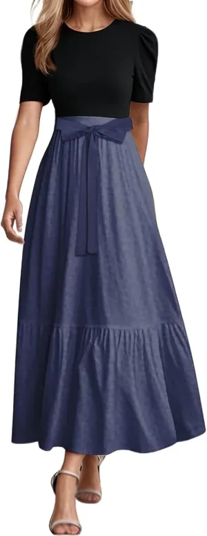 Women Summer Maxi Dresses Short Sleeve Flowy Patchwork Sun Dresses A Line Casual Trendy Beach Long Dress with Belt