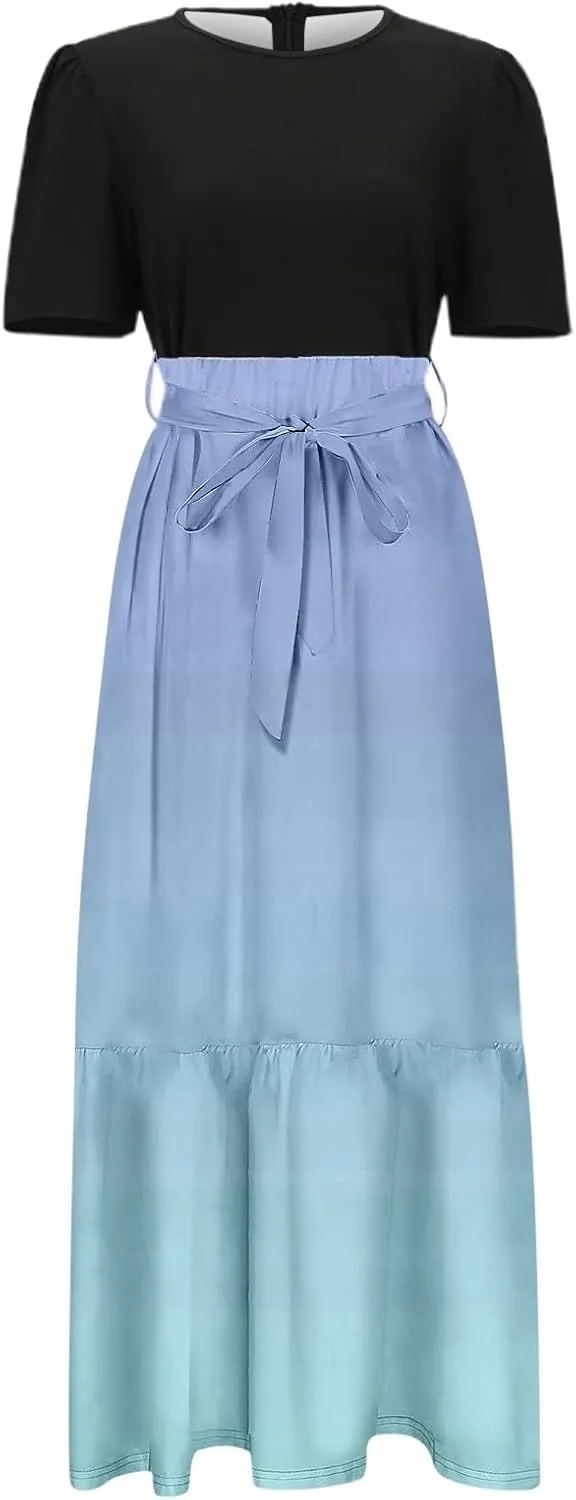 Women Summer Maxi Dresses Short Sleeve Flowy Patchwork Sun Dresses A Line Casual Trendy Beach Long Dress with Belt