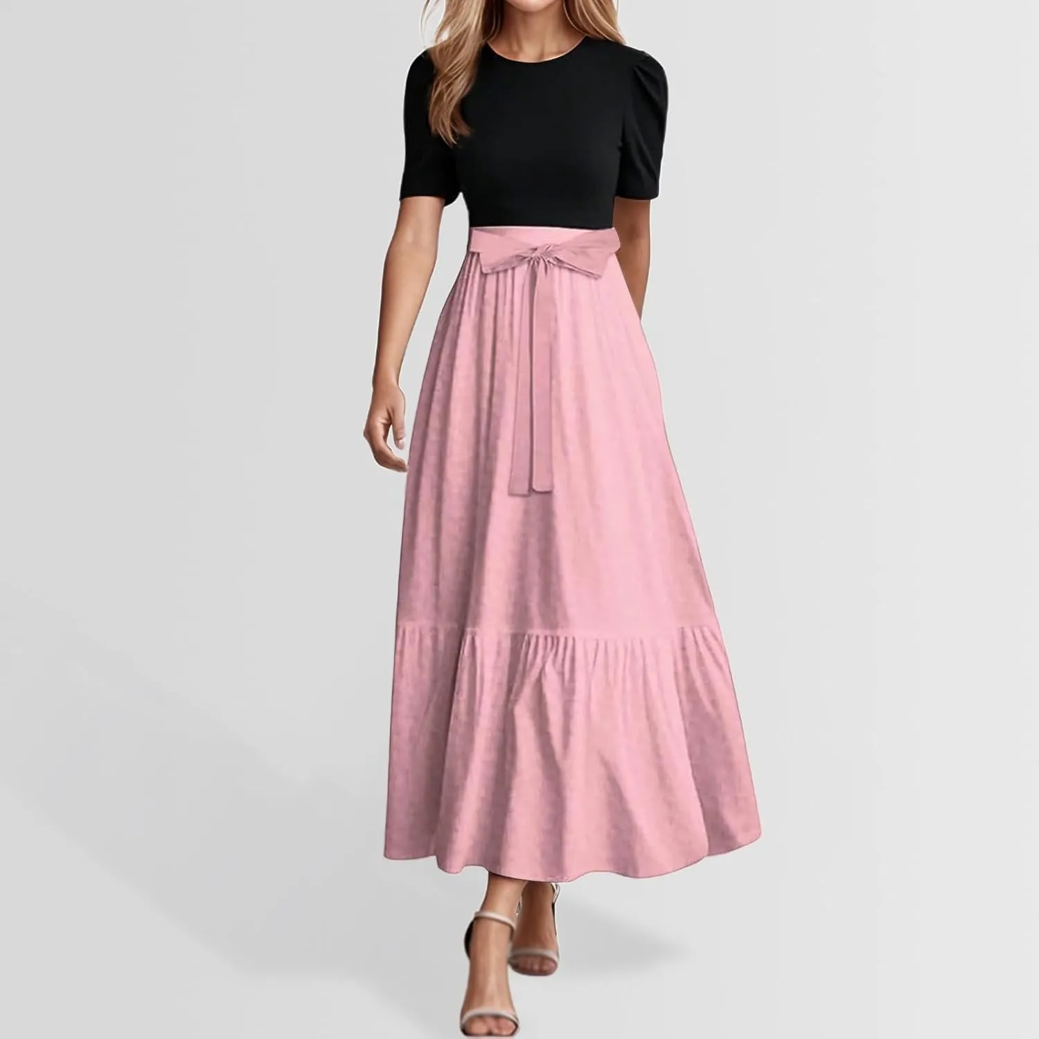 Women Summer Maxi Dresses Short Sleeve Flowy Patchwork Sun Dresses A Line Casual Trendy Beach Long Dress with Belt