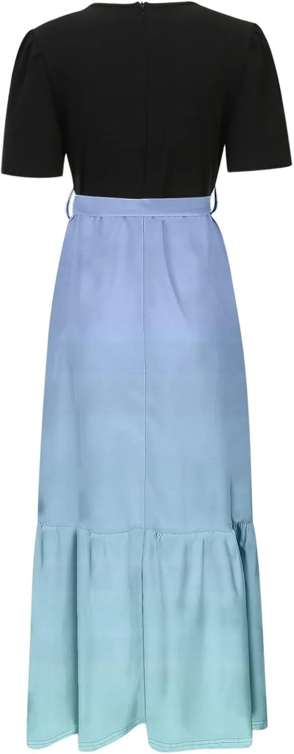 Women Summer Maxi Dresses Short Sleeve Flowy Patchwork Sun Dresses A Line Casual Trendy Beach Long Dress with Belt