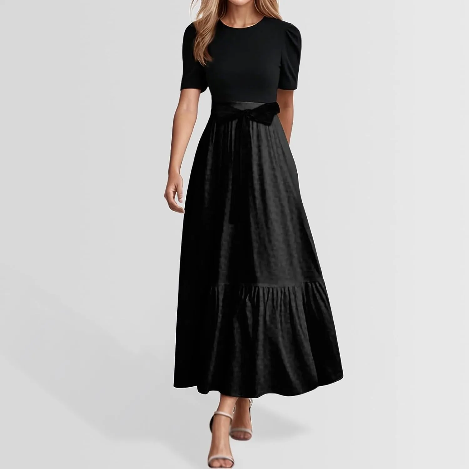Women Summer Maxi Dresses Short Sleeve Flowy Patchwork Sun Dresses A Line Casual Trendy Beach Long Dress with Belt