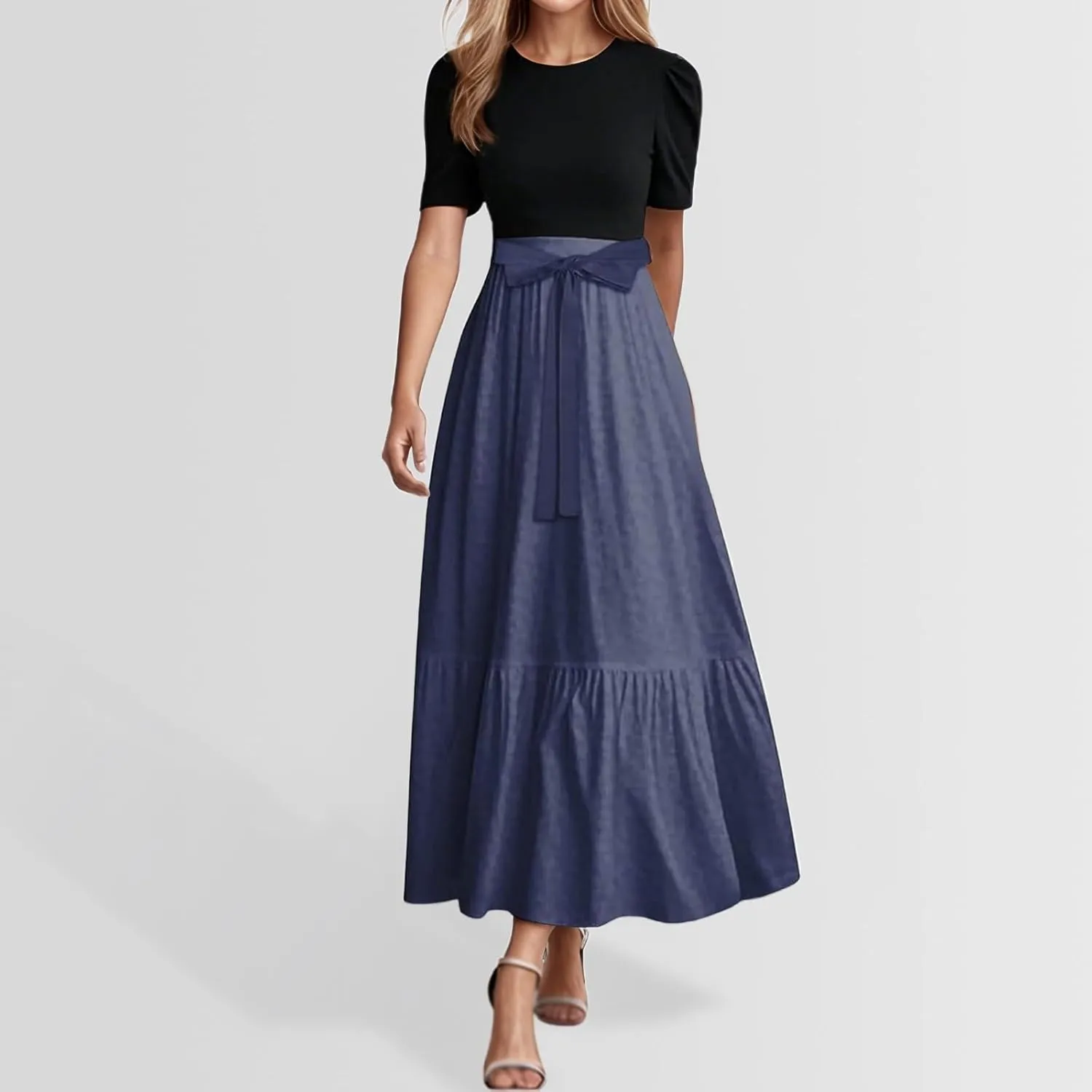 Women Summer Maxi Dresses Short Sleeve Flowy Patchwork Sun Dresses A Line Casual Trendy Beach Long Dress with Belt