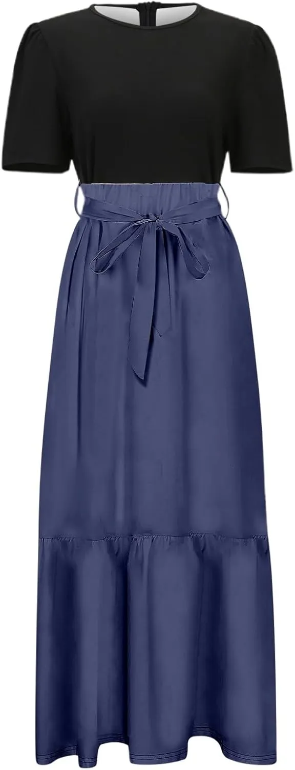 Women Summer Maxi Dresses Short Sleeve Flowy Patchwork Sun Dresses A Line Casual Trendy Beach Long Dress with Belt