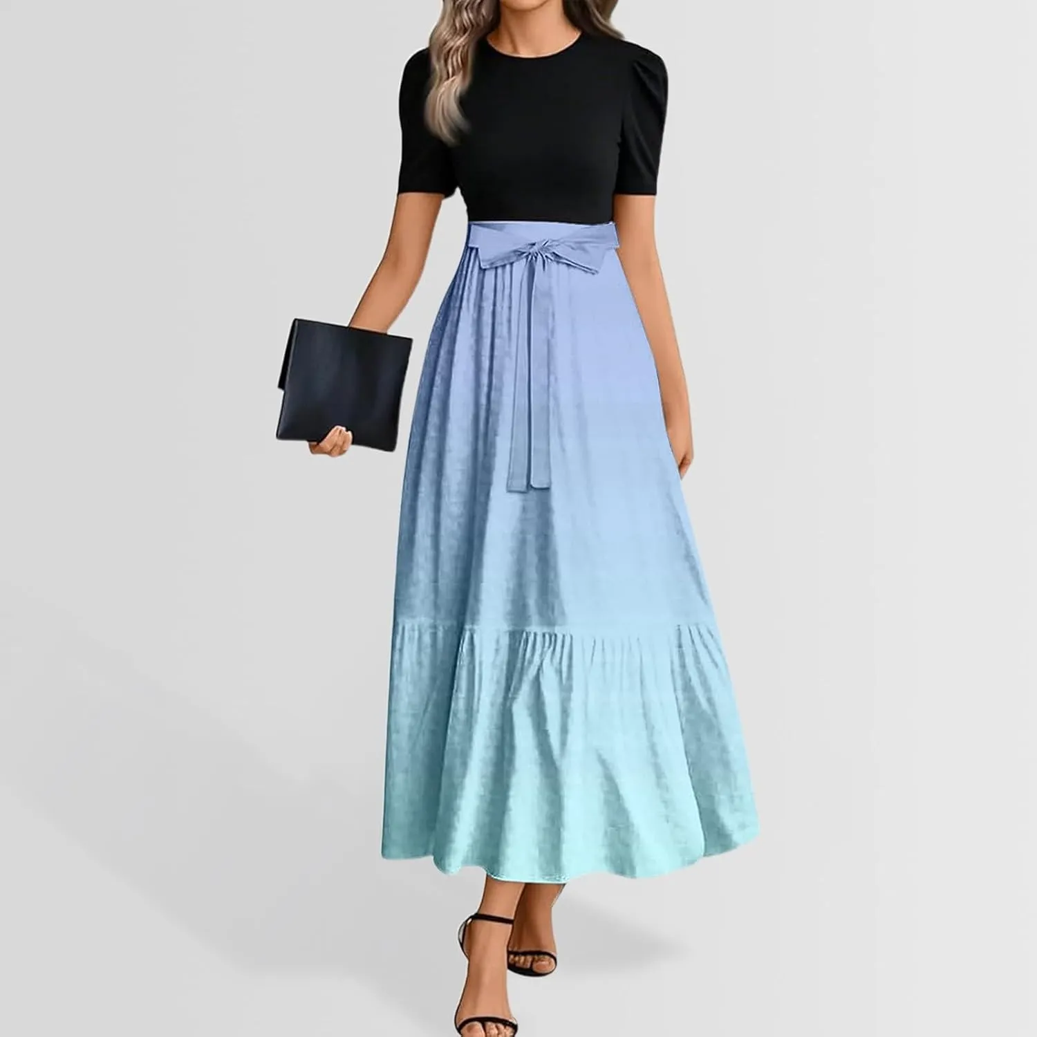 Women Summer Maxi Dresses Short Sleeve Flowy Patchwork Sun Dresses A Line Casual Trendy Beach Long Dress with Belt