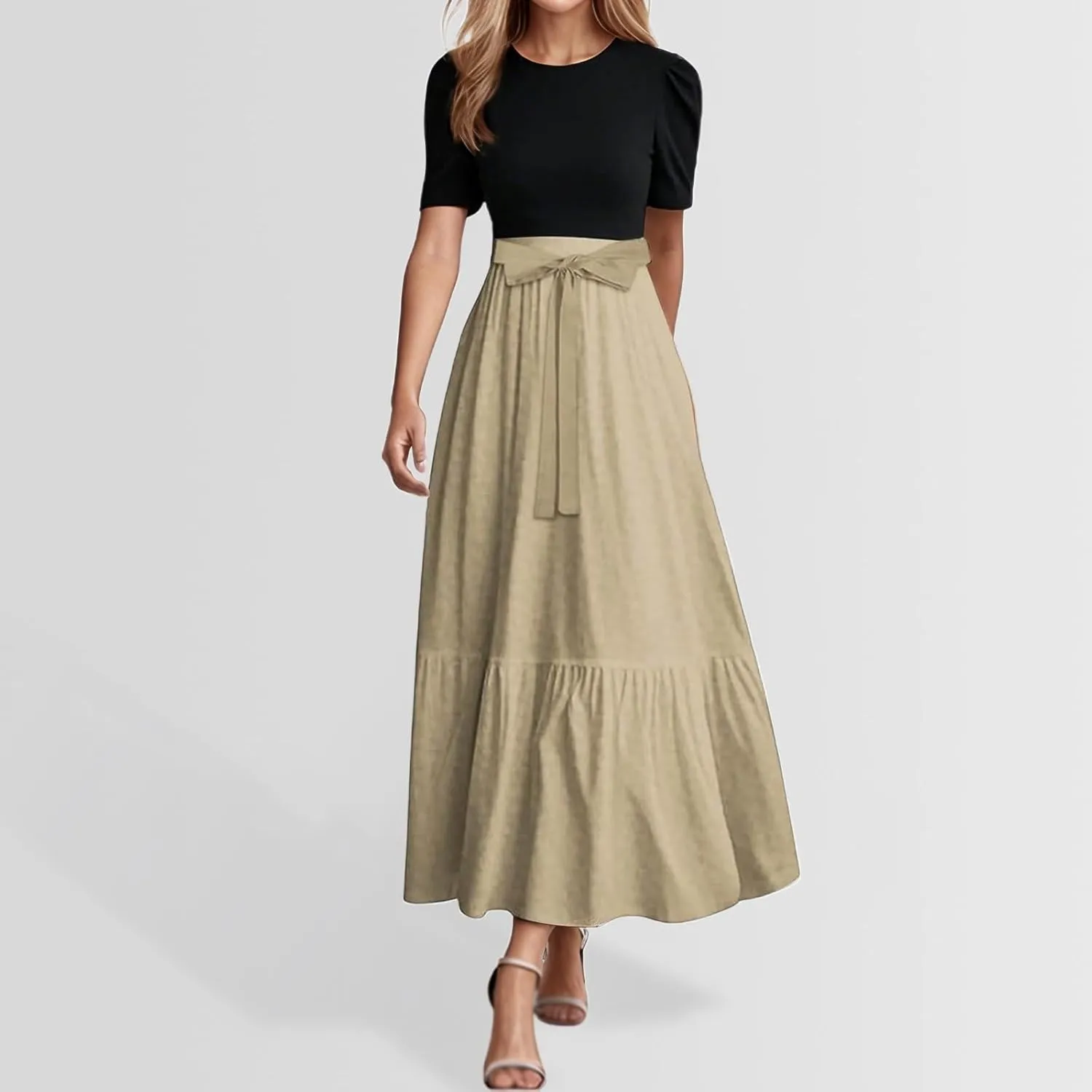 Women Summer Maxi Dresses Short Sleeve Flowy Patchwork Sun Dresses A Line Casual Trendy Beach Long Dress with Belt