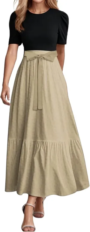 Women Summer Maxi Dresses Short Sleeve Flowy Patchwork Sun Dresses A Line Casual Trendy Beach Long Dress with Belt