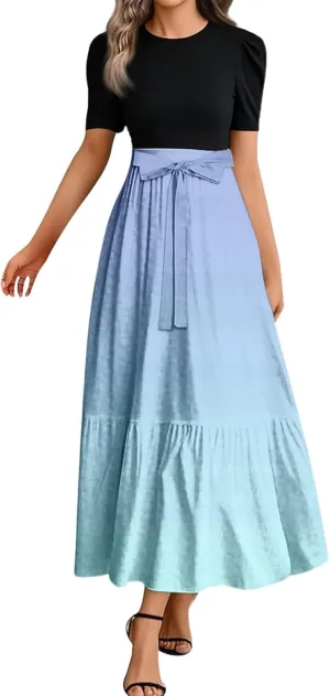 Women Summer Maxi Dresses Short Sleeve Flowy Patchwork Sun Dresses A Line Casual Trendy Beach Long Dress with Belt