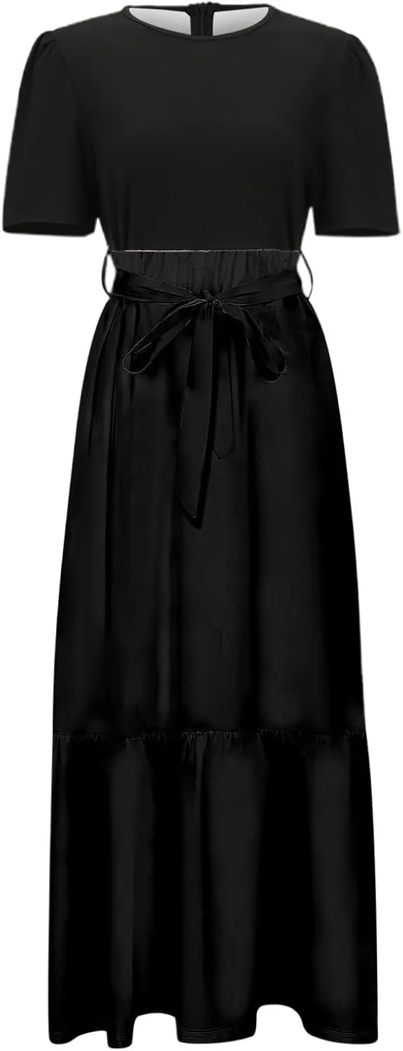 Women Summer Maxi Dresses Short Sleeve Flowy Patchwork Sun Dresses A Line Casual Trendy Beach Long Dress with Belt