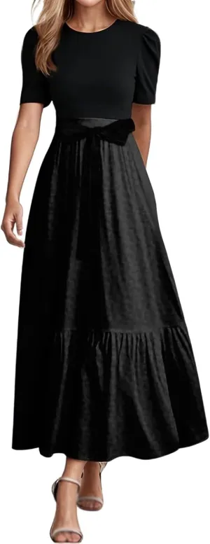 Women Summer Maxi Dresses Short Sleeve Flowy Patchwork Sun Dresses A Line Casual Trendy Beach Long Dress with Belt