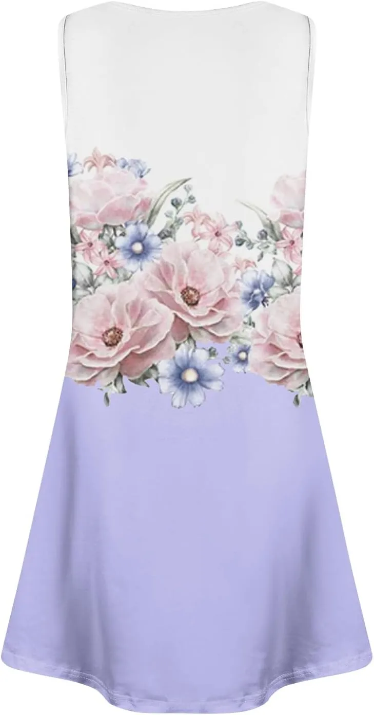 Women Summer Sundress Tank Dresses Spring Boho Dress Cover Up Sleeveless Floral Graphic Swing Vest Dressy with Pocket